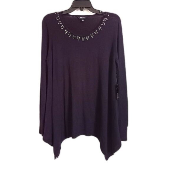 Vera Wang Crystal Beaded Tunic Purple Sweater Black Gray Pullover Long Sleeve L - Picture 1 of 7